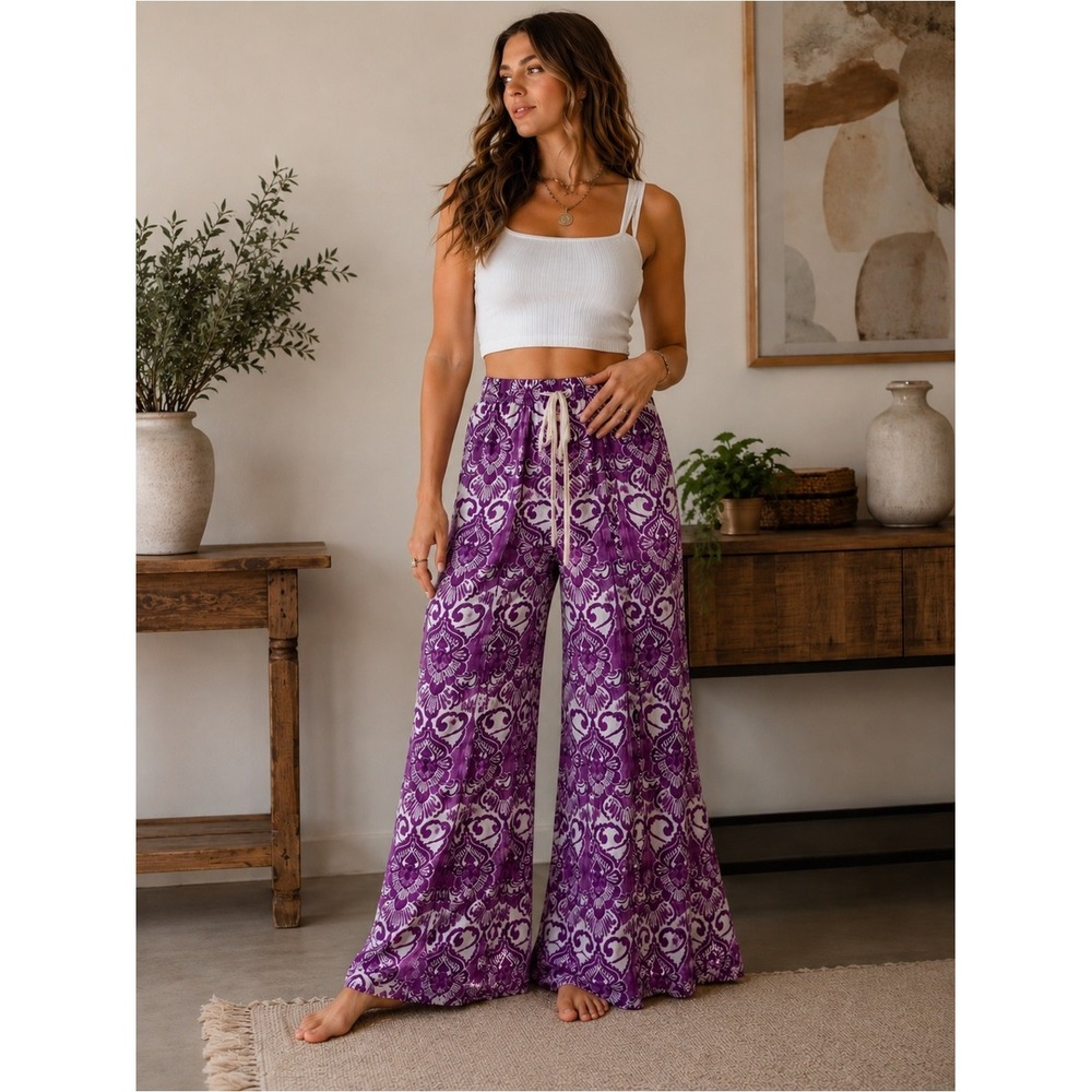 Alexis Wide Leg Pants Womens Large Purple Damask  Palazzo Drawstring